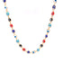Introducing the Multicolor Evil Eye Charms Necklace and Bracelet Set: a stunning piece featuring vibrant evil eye charms in blue, red, black, and white, each adorned with a gold-colored rim. This set is delicately crafted on an 18-inch 14k gold filled chain and is nickel-free, creating an eye-catching and vibrant pattern.